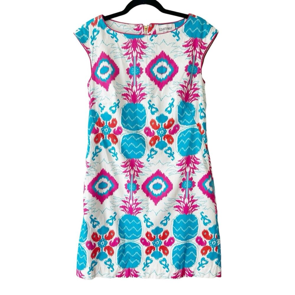 Elizabeth McKay Blue Pineapple Colorful Print Sheath Dress Women’s Size 6